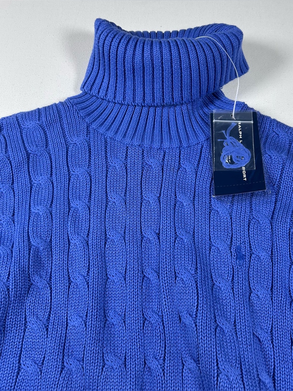 Ralph Lauren Sport Sweater Women L Blue Cable-Knit Turtleneck VTG 90s Deadstock
